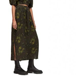 All Saints Asta Ceres Linen Blend MIDI Skirt Sycamore Green Black
